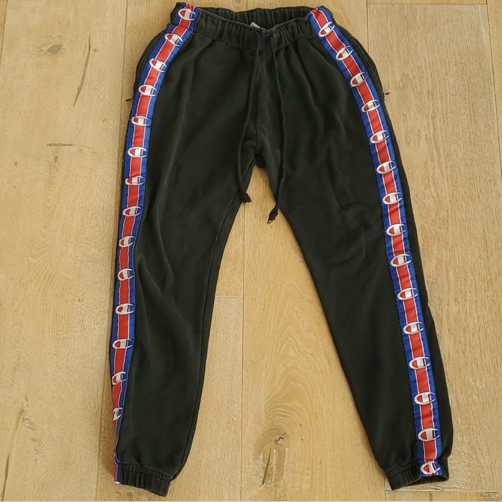 Champion Black Joggers with Red and Blue Logo Stripes